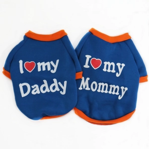 Detail of blue pet sweatshirts with I Love Mommy and Daddy prints and orange piping