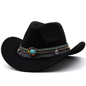 Chapeau de cowboy noir en laine avec ruban ethnique et pierre turquoise