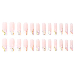 French press-on nails with long coffin shape and colorful macaron rainbow wave patterns