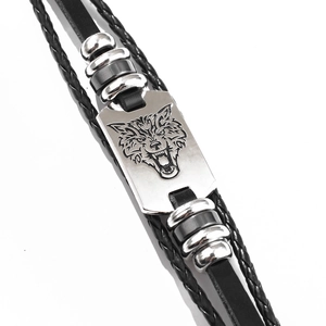 Men's woven PU leather bracelet with silver wolf head metal plate in punk fashion style