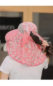 Pink floral sun hat with neck flap, breathable mesh, and ponytail hole for outdoor use