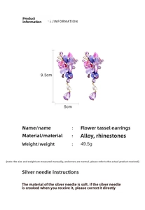 Detailed view of floral rhinestone tassel earrings showing 9.3cm x 5cm dimensions
