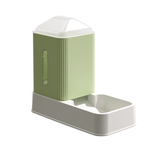 Automatic gravity pet feeder and waterer in green and white, minimalist modern style