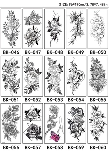 Selection of 15 black and white sketch floral temporary tattoos with rose and snake designs