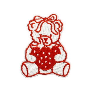 Cute embroidered bear patch with strawberry and bow, red and white fabric sticker decoration