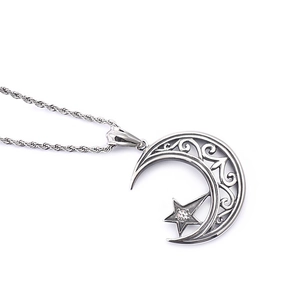 Collier avec pendentif lune et étoile en acier titane argenté et cristal serti