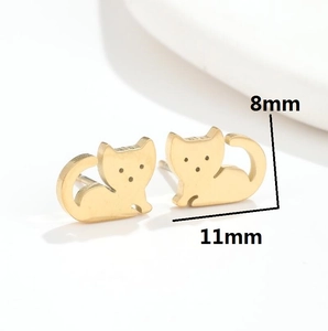 Minimalist golden stainless steel cat silhouette stud earrings measuring 8mm by 11mm
