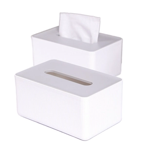 Minimalist white rectangular tissue box with vertical stripes for home and office storage