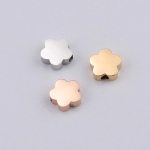 Polished mirror finish stainless steel flower beads in silver, gold, and rose gold
