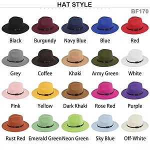 British style wide brim felt fedora hat collection in 20 assorted colors with leather belt