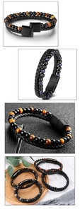 Macro detail of braided leather bracelet with tiger eye beads and black magnetic clasp