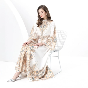Elegant white maxi dress with blue baroque print and stand collar for spring
