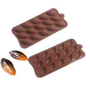 Macro detail of brown silicone chocolate mold with 15 cavities in cocoa pod shapes