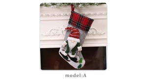 Detailed Christmas stocking with gnome on skateboard and red plaid cuff on mantelpiece