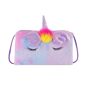 Plush unicorn crossbody bag with pastel gradient fur and sequined wings for girls