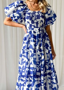 Detail of elegant puff sleeves and smocked bodice on blue floral printed dress