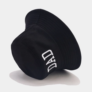 Classic black cotton bucket hat with white DAD embroidery for casual summer sun protection