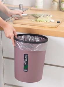 Kitchen trash bin with handle and top ring for secure waste bag placement