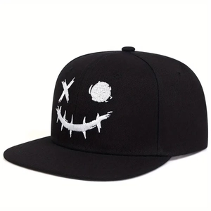 Casquette de baseball unisexe noire avec broderie visage souriant et sangle réglable