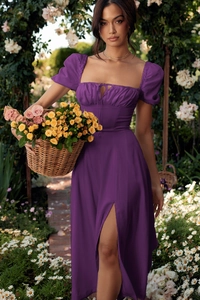 Detail of purple puff sleeve dress featuring retro square neck and front drawstring ruching