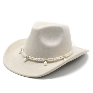 Detail of beige felt cowboy hat featuring double-layer pearl chains and teardrop pendants