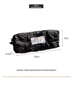 Detailed view of black pleated pencil case with Have a Nice Day label and dimensions