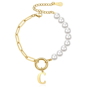 Chic 18KGP gold paperclip link and faux pearl bracelet featuring a letter C pendant
