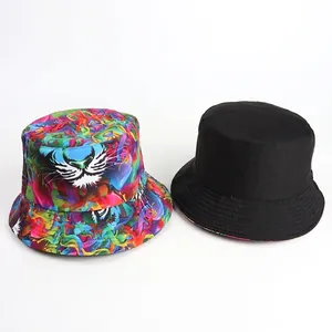 Double-sided bucket hat with colorful tiger print and classic black solid side
