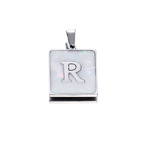 Detail of 22mm square stainless steel pendant with letter R and mother of pearl inlay