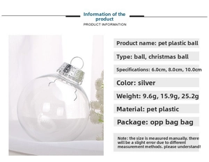 Detailed size chart for clear PET Christmas balls with silver hooks in 6cm, 8cm, and 10cm sizes