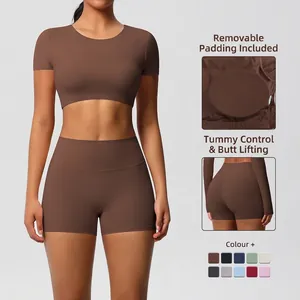 Damen Doppelseitig Gebürstet Yoga Top And Bottom Integriertes Brustpolster Hohe Taille Shorts Hohe Elastizität Fitness Set