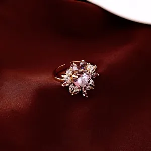 14k gold plated adjustable ring with heart-shaped purple zircon and floral crystal design