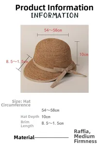 Size chart detail for raffia sun hat showing dimensions 54-58cm and material info