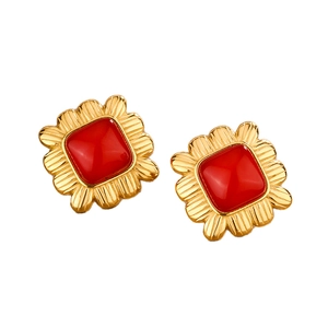 Retro square earrings in 18K gold plated steel with red resin flower pattern