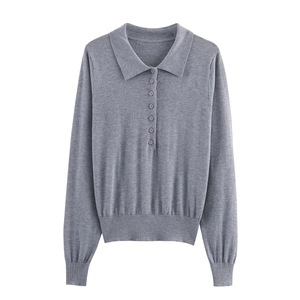 Haut Polo En Tricot À Manches Longues Pour Femme Couleur Unie Bouton Poignets Côtelés Décontracté Slim Polyester Acrylique