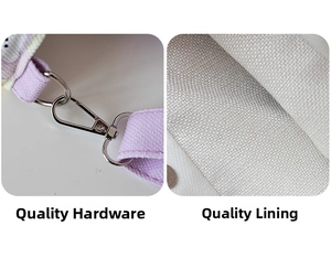 Detail of durable silver hardware hooks and white thick fabric lining on purple canvas bag