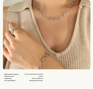 Close-up of titanium steel necklace and bracelet set with 18k gold plating details