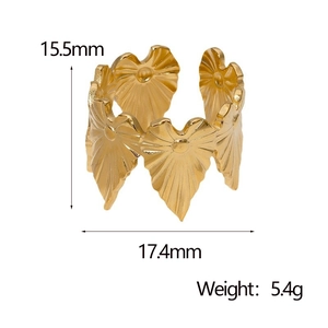 Detail view of 18k gold plated leaf ring with textured surface and size dimensions