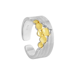 S925 sterling silver open ring with gold irregular circles and brushed texture