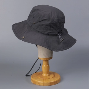 Dark grey quick-dry outdoor sun hat with wide brim and adjustable chin strap