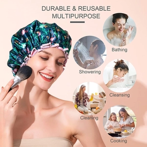 Multipurpose waterproof shower cap showing usage for bathing, cooking, and facial cleansing
