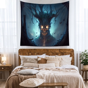 Gothic skull tree tapestry in dark blue colors hanging as bedroom wall decor background