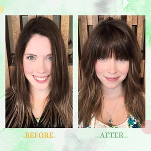 Before and after comparison of 3D French bangs hairpiece for a natural look