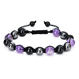 Triple Protection Bracelet Amethyst Obsidian Hematite Natural Stone Beads Hand-Woven Braided Adjustable Unisex Jewelry