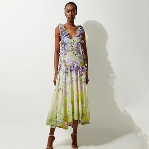 One-Piece Swimsuit With 3D Floral Applique Tiered Maxi Skirt V Neck Sleeveless Floral Print Beach Vacation For Women