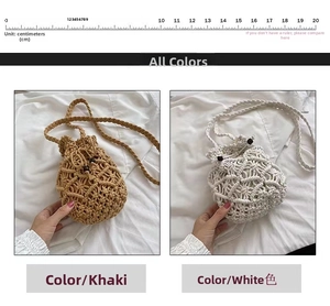 Detailed comparison of khaki and white woven mini bucket bags with dimensions