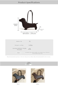 Detailed size specifications and color options for creative dachshund-shaped PU shoulder bag