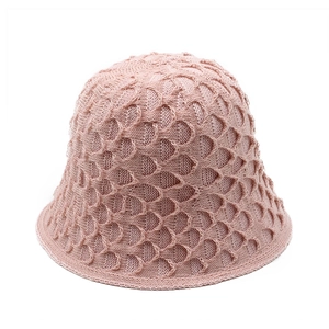 Pink knit bucket hat for women with breathable hollow fish scale crochet patterns
