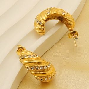 Boucles D Oreilles Créoles Croissant Acier Inoxydable Plaqué Or 18K Zircone Spirale Torsadée Style Français Femmes