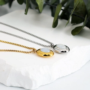 French vintage oval natural shell pendant necklace in gold and silver steel finish